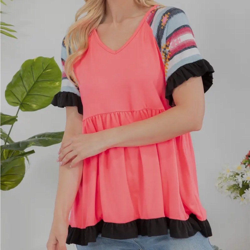 98- Hot Pink V Neck Tunic with Aztec Print Detail